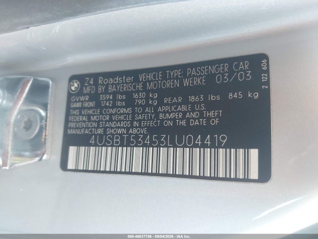 Auction sale of the 2003 Bmw Z4 3.0i, vin: 4USBT53453LU04419, lot number: 46037756