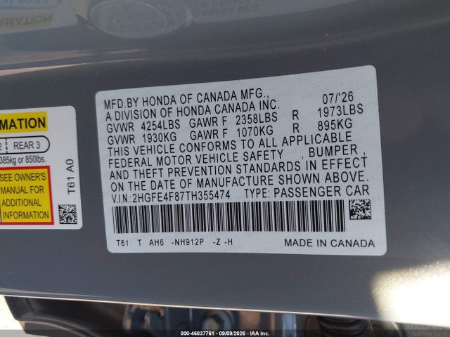 2HGFE4F87TH355474 Honda Civic Hybrid Sport/sport Touring