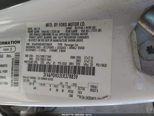 3FA6P0HD3ER378839 Ford FUSION SE