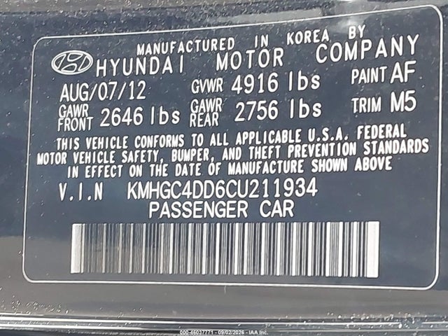2012 Hyundai Genesis 3.8 მანქანა იყიდება აუქციონზე, vin: KMHGC4DD6CU211934, აუქციონის ნომერი: 46037771