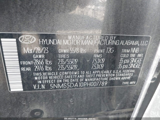 46037779 :رقم المزاد ، 5NMS5DA10PH007789 vin ، 2023 Hyundai Santa Fe Hybrid Limited مزاد بيع