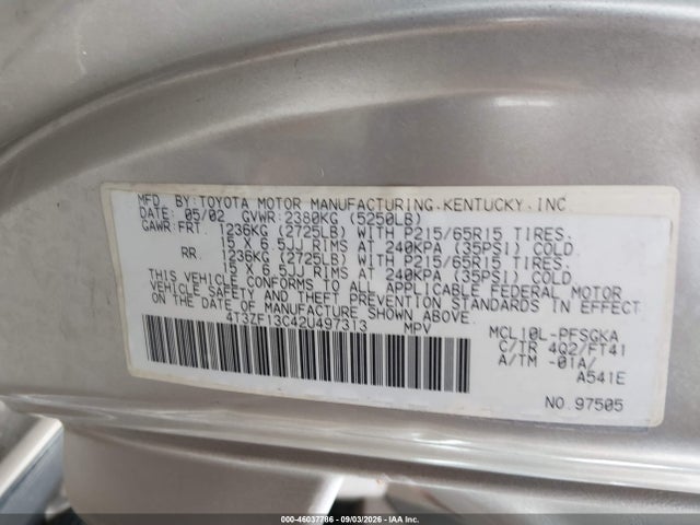 Aukcja sprzedaży 2002 Toyota Sienna Le, vin: 4T3ZF13C42U497313, numer aukcji: 46037786