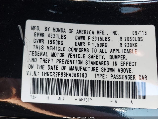 Продаж на аукціоні авто 2017 Honda Accord Ex-l, vin: 1HGCR2F98HA066193, номер лоту: 46037791
