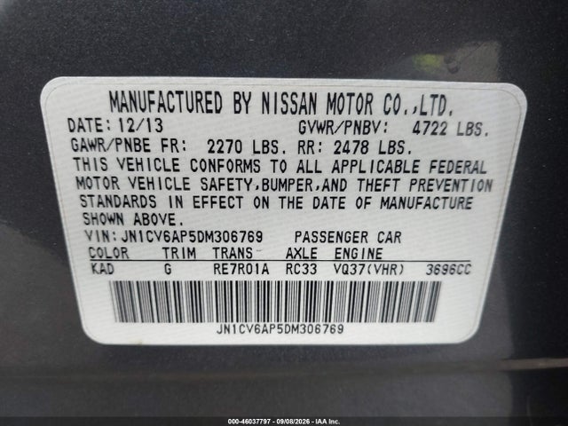 2013 Infiniti G37 Journey მანქანა იყიდება აუქციონზე, vin: JN1CV6AP5DM306769, აუქციონის ნომერი: 46037797