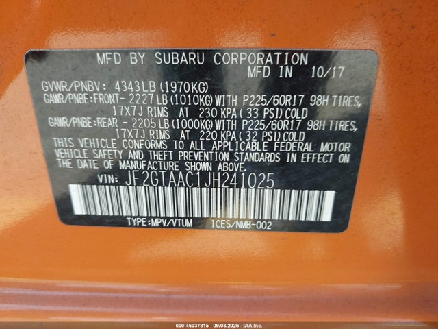 Aukcja sprzedaży 2018 Subaru Crosstrek 2.0i, vin: JF2GTAAC1JH241025, numer aukcji: 46037815