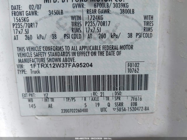 Продажа на аукционе авто 2007 Ford F-150 Stx/xl/xlt, vin: 1FTRX12W37FA95204, номер лота: 46037816