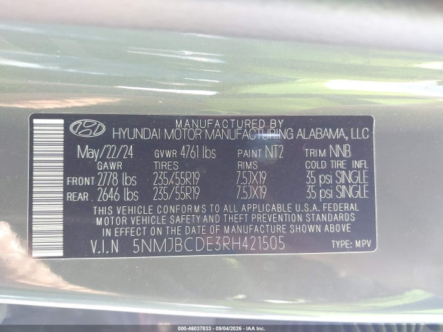 Продажа на аукционе авто 2024 Hyundai Tucson Sel, vin: 5NMJBCDE3RH421505, номер лота: 46037833
