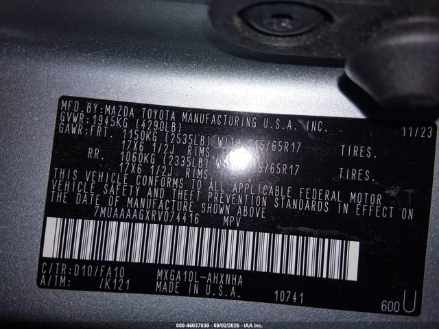 46037839 :رقم المزاد ، 7MUAAAAGXRV074416 vin ، 2024 Toyota Corolla Cross L مزاد بيع