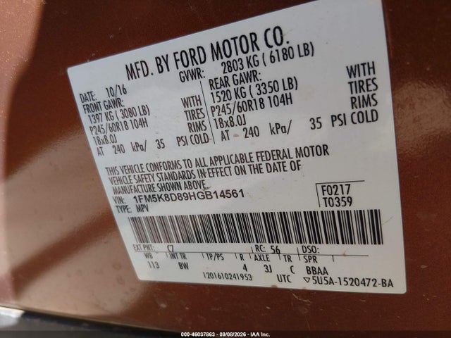 Aukcja sprzedaży 2017 Ford Explorer Xlt, vin: 1FM5K8D89HGB14561, numer aukcji: 46037863