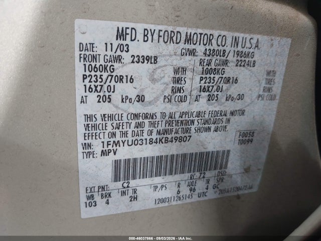 Продажа на аукционе авто 2004 Ford Escape Xlt, vin: 1FMYU03184KB49807, номер лота: 46037866
