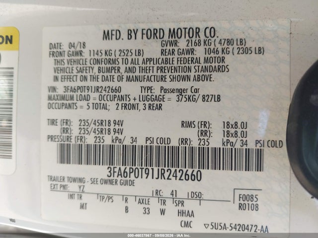 3FA6P0T91JR242660 Ford FUSION SE