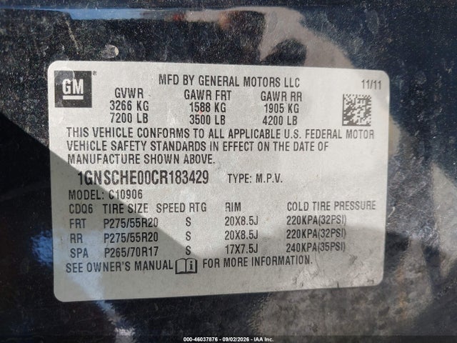 2012 Chevrolet Suburban 1500 Ls მანქანა იყიდება აუქციონზე, vin: 1GNSCHE00CR183429, აუქციონის ნომერი: 46037876