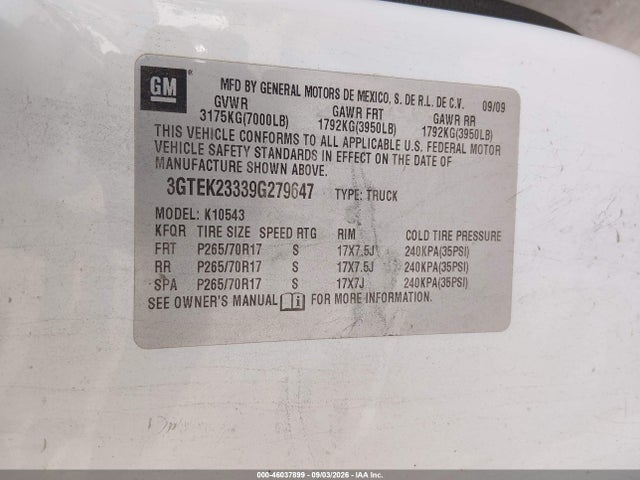 Aukcja sprzedaży 2009 Gmc Sierra 1500 Sle, vin: 3GTEK23339G279647, numer aukcji: 46037899