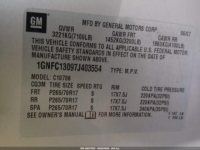 Продаж на аукціоні авто 2007 Chevrolet Tahoe Ls, vin: 1GNFC13097J403554, номер лоту: 46037905