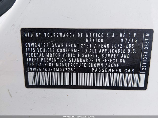 46037907 :رقم المزاد ، 3VWE57BU9KM072280 vin ، 2019 Volkswagen Jetta 1.4t Sel مزاد بيع