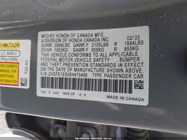 Aukcja sprzedaży 2025 Honda Civic Si Base W/high Performance Summer Tires/, vin: 2HGFE1E50SH475489, numer aukcji: 46037916