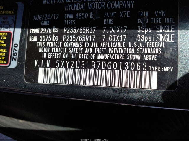 Aukcja sprzedaży 2013 Hyundai Santa Fe Sport, vin: 5XYZU3LB7DG013063, numer aukcji: 46037919