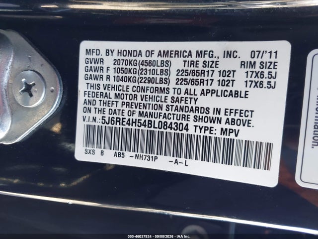 46037924 :رقم المزاد ، 5J6RE4H54BL084304 vin ، 2011 Honda Cr-v Ex مزاد بيع