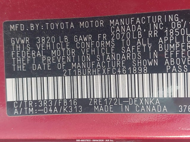 Продаж на аукціоні авто 2015 Toyota Corolla Le, vin: 2T1BURHEXFC461898, номер лоту: 46037933