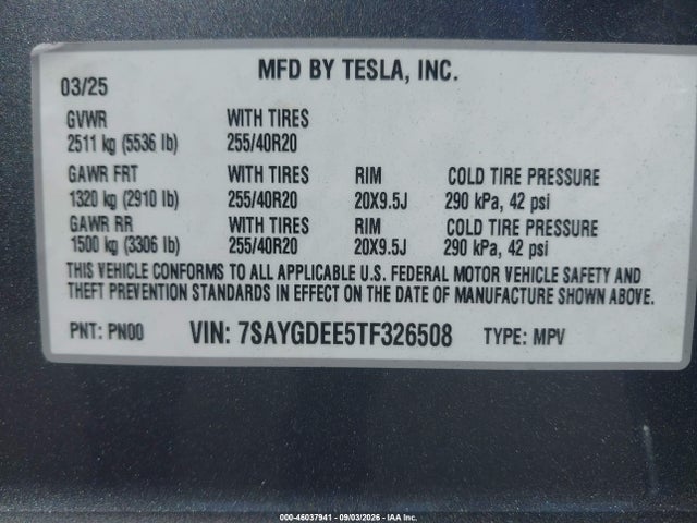 Продаж на аукціоні авто 2026 Tesla Model Y All-wheel Drive/long Range Launch Series/premium All-wheel Drive, vin: 7SAYGDEE5TF326508, номер лоту: 46037941