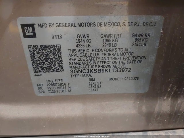 46037945 :رقم المزاد ، 3GNCJKSB9KL133972 vin ، 2019 Chevrolet Trax Ls مزاد بيع