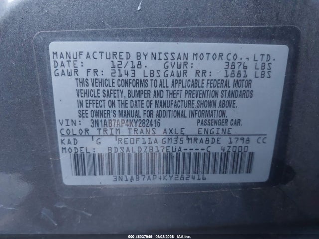Aukcja sprzedaży 2019 Nissan Sentra Sv, vin: 3N1AB7AP4KY282416, numer aukcji: 46037949