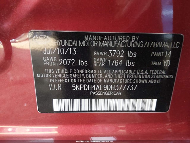 2013 Hyundai Elantra Gls მანქანა იყიდება აუქციონზე, vin: 5NPDH4AE9DH377737, აუქციონის ნომერი: 46037951