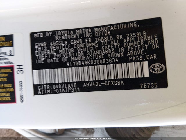 2009 Toyota Camry Hybrid მანქანა იყიდება აუქციონზე, vin: 4T1BB46K89U083634, აუქციონის ნომერი: 46037955