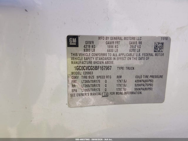 46037965 :رقم المزاد ، 1GC0CVCG5BF167967 vin ، 2011 Chevrolet Silverado 2500hd Work Truck مزاد بيع