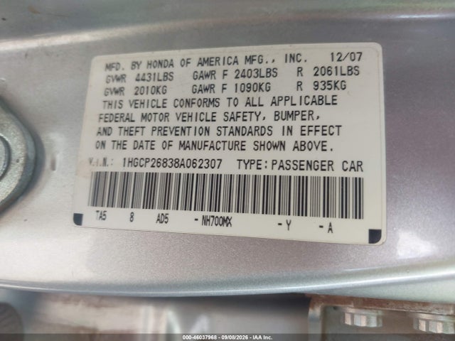 Aukcja sprzedaży 2008 Honda Accord 2.4 Ex-l, vin: 1HGCP26838A062307, numer aukcji: 46037968