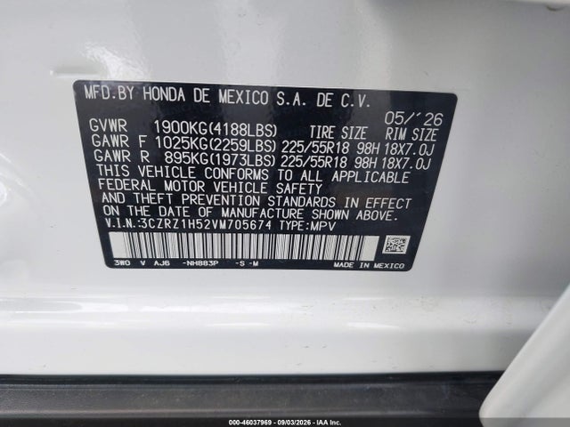 46037969 :رقم المزاد ، 3CZRZ1H52VM705674 vin ، 2027 Honda Hr-v Sport 2wd مزاد بيع
