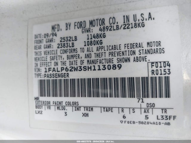 Продаж на аукціоні авто 1995 Ford Thunderbird Lx, vin: 1FALP62W3SH113089, номер лоту: 46037976