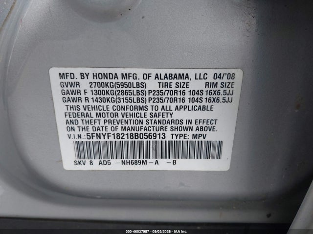 Продажа на аукционе авто 2008 Honda Pilot Vp, vin: 5FNYF18218B056913, номер лота: 46037987