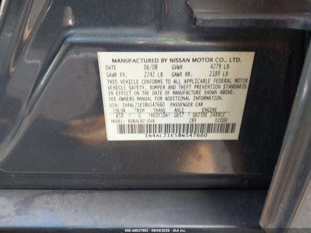 Aukcja sprzedaży 2008 Nissan Altima 2.5 S, vin: 1N4AL21E58N547660, numer aukcji: 46037992