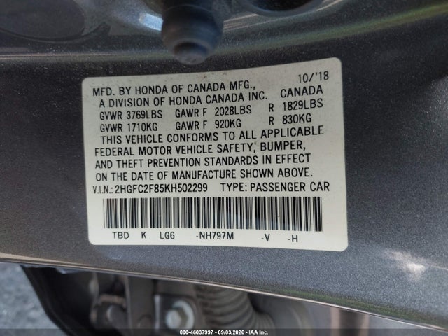 Honda Civic Sport 2019 2HGFC2F85KH502299 Image 9