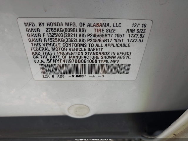 2011 Honda Pilot Touring მანქანა იყიდება აუქციონზე, vin: 5FNYF4H97BB061068, აუქციონის ნომერი: 46038003