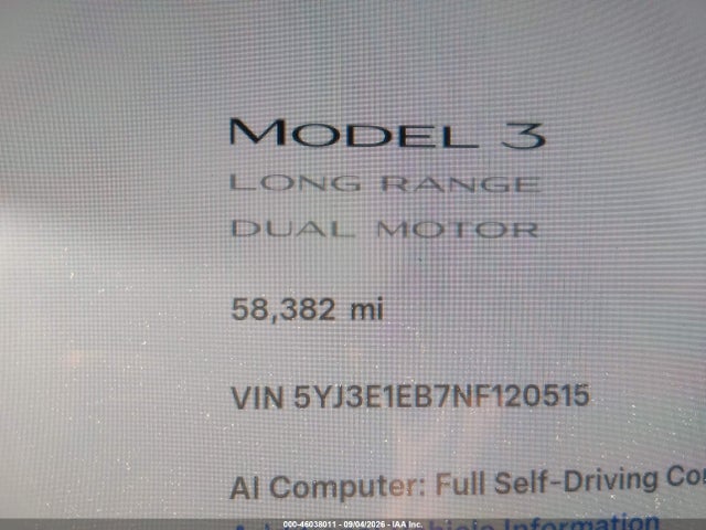5YJ3E1EB7NF120515 Tesla Model 3 Long Range Dual Motor All-wheel Drive