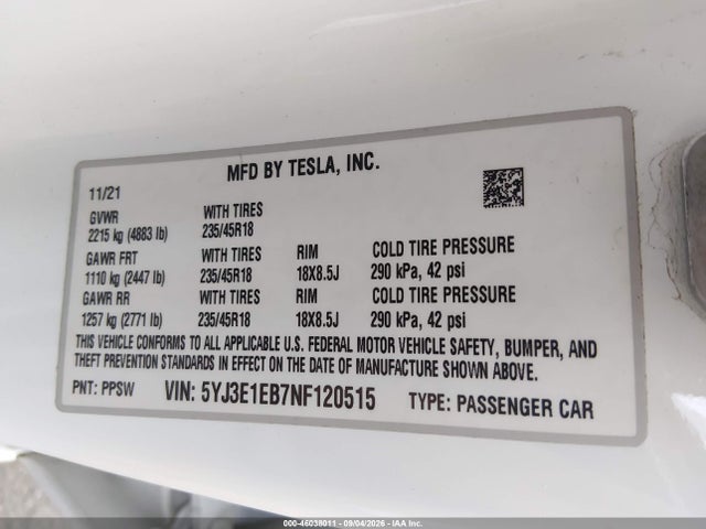 5YJ3E1EB7NF120515 Tesla Model 3 Long Range Dual Motor All-wheel Drive