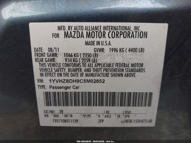 Продажа на аукционе авто 2012 Mazda Mazda6 I Touring, vin: 1YVHZ8DH9C5M02852, номер лота: 46038036