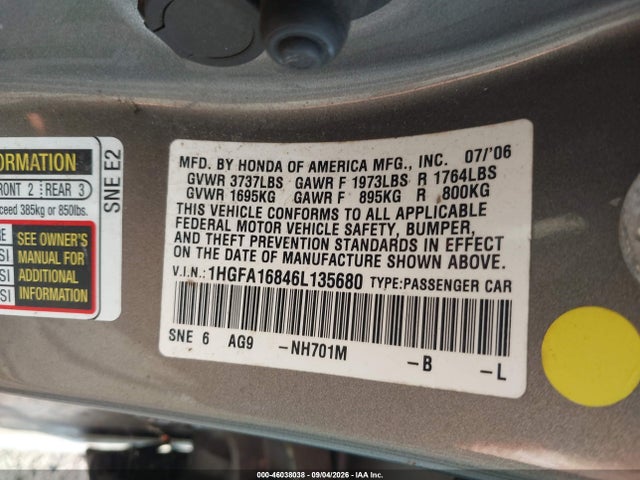 46038038 :رقم المزاد ، 1HGFA16846L135680 vin ، 2006 Honda Civic Ex مزاد بيع