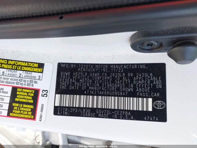 2024 Toyota Camry Xse V6 მანქანა იყიდება აუქციონზე, vin: 4T1KZ1AK6RU095847, აუქციონის ნომერი: 46038046
