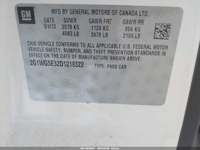 46038047 :رقم المزاد ، 2G1WG5E32D1218322 vin ، 2013 Chevrolet Impala Lt مزاد بيع