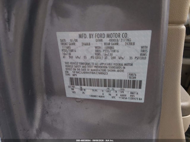 Aukcja sprzedaży 2008 Ford Escape Hybrid, vin: 1FMCU59H78KC98923, numer aukcji: 46038084