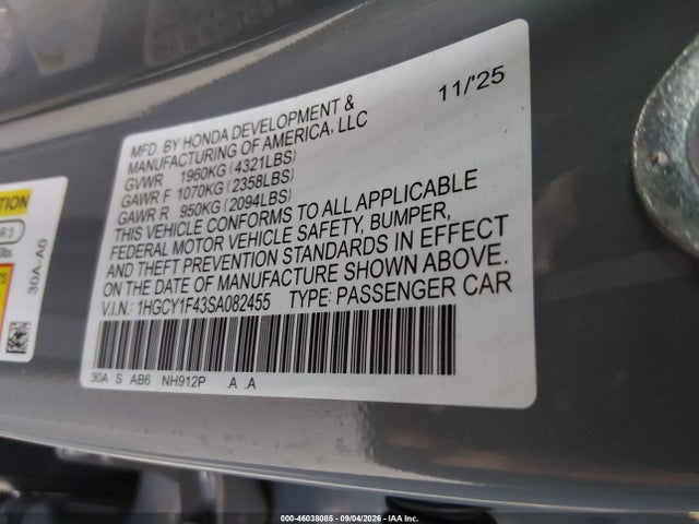 Honda ACCORD SE 2025 1HGCY1F43SA082455 Image 9