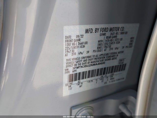 Aukcja sprzedaży 2022 Ford Mustang Mach-e Premium, vin: 3FMTK3SU2NMA49600, numer aukcji: 46038087