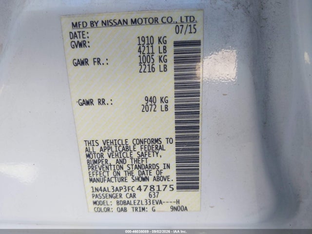 Nissan Altima 2.5 S 2015 1N4AL3AP3FC478175 Image 9