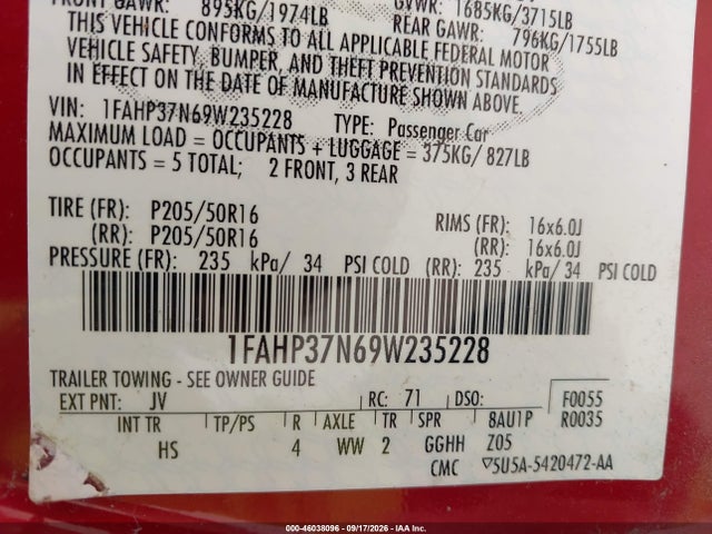46038096 :رقم المزاد ، 1FAHP37N69W235228 vin ، 2009 Ford Focus Sel مزاد بيع
