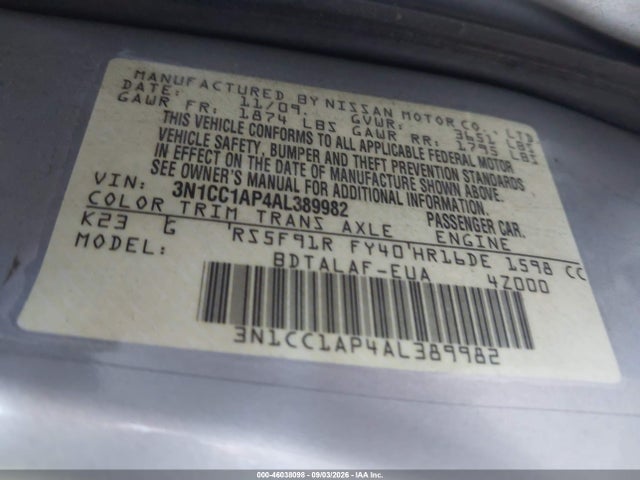 2010 Nissan Versa 1.6 Base მანქანა იყიდება აუქციონზე, vin: 3N1CC1AP4AL389982, აუქციონის ნომერი: 46038098