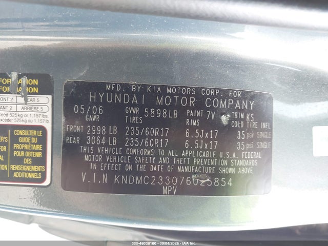 Aukcja sprzedaży 2007 Hyundai Entourage Gls/limited/se, vin: KNDMC233076025854, numer aukcji: 46038100