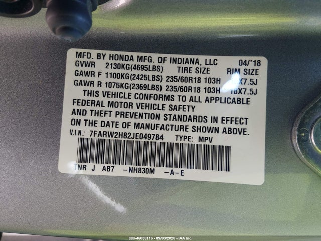 Продажа на аукционе авто 2018 Honda Cr-v Ex-l/ex-l Navi, vin: 7FARW2H82JE049784, номер лота: 46038116